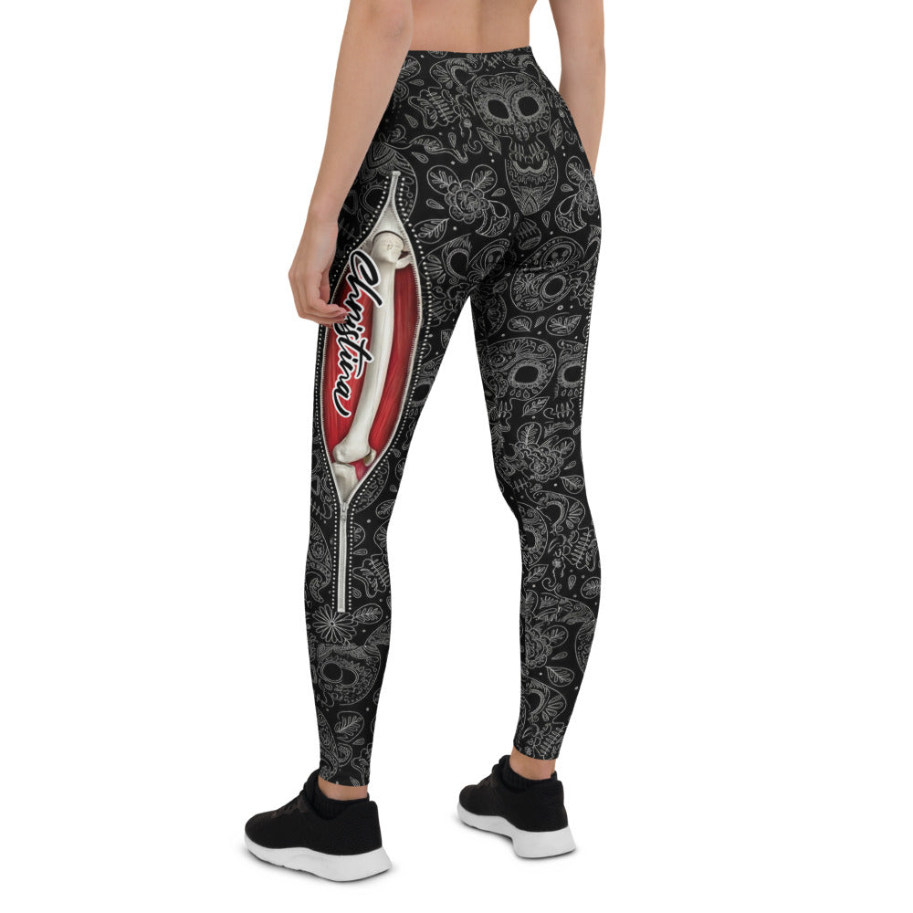 Personalisierte Damen Sportleggings Totenkopf Sugar Skull Design Schwarz Weiß Rot Fitness Yoga Leggings B181