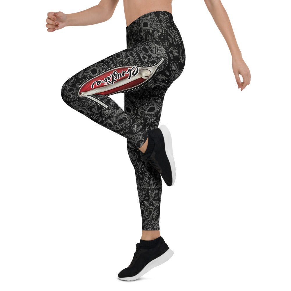 Personalisierte Damen Sportleggings Totenkopf Sugar Skull Design Schwarz Weiß Rot Fitness Yoga Leggings B181