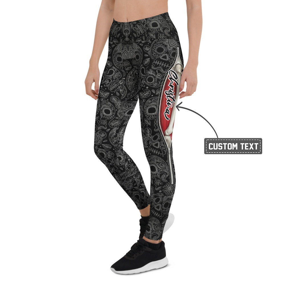 Personalisierte Damen Sportleggings Totenkopf Sugar Skull Design Schwarz Weiß Rot Fitness Yoga Leggings B181 - XL