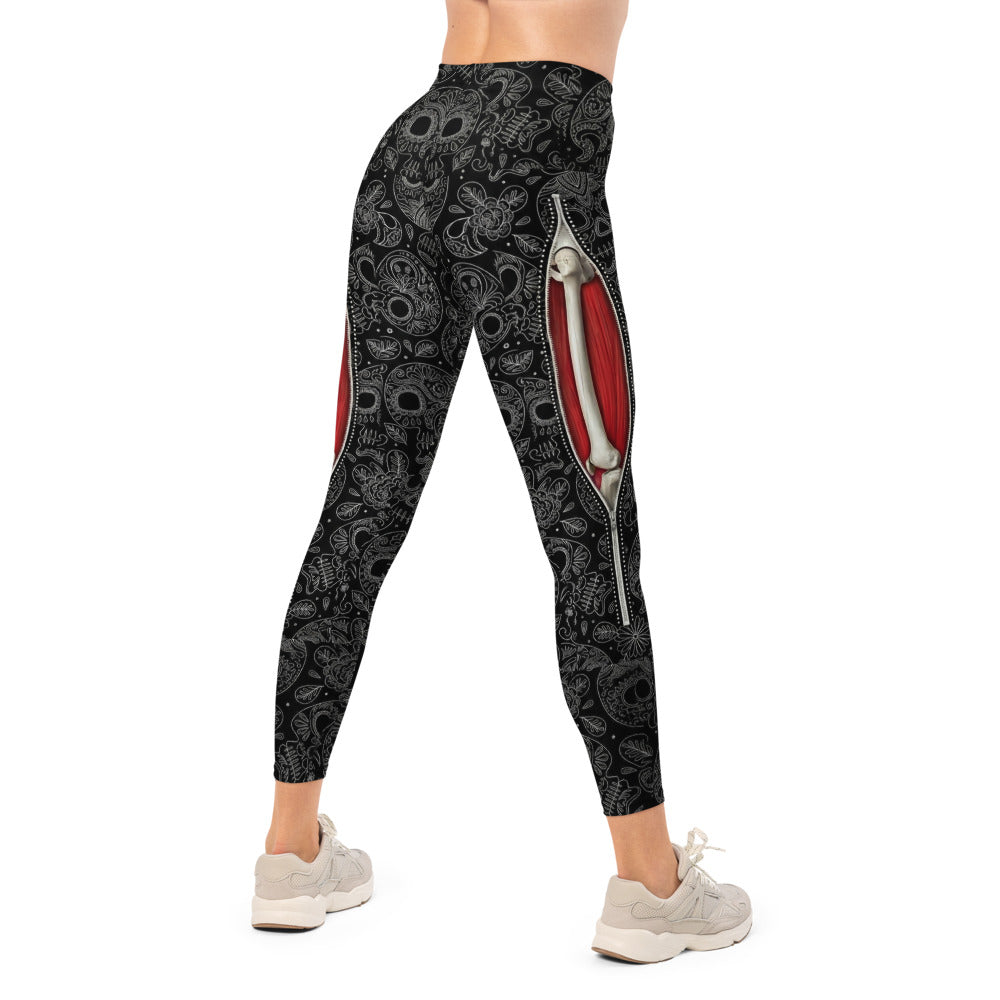 Personalisierte Damen Sportleggings Totenkopf Sugar Skull Design Schwarz Weiß Rot Fitness Yoga Leggings B181