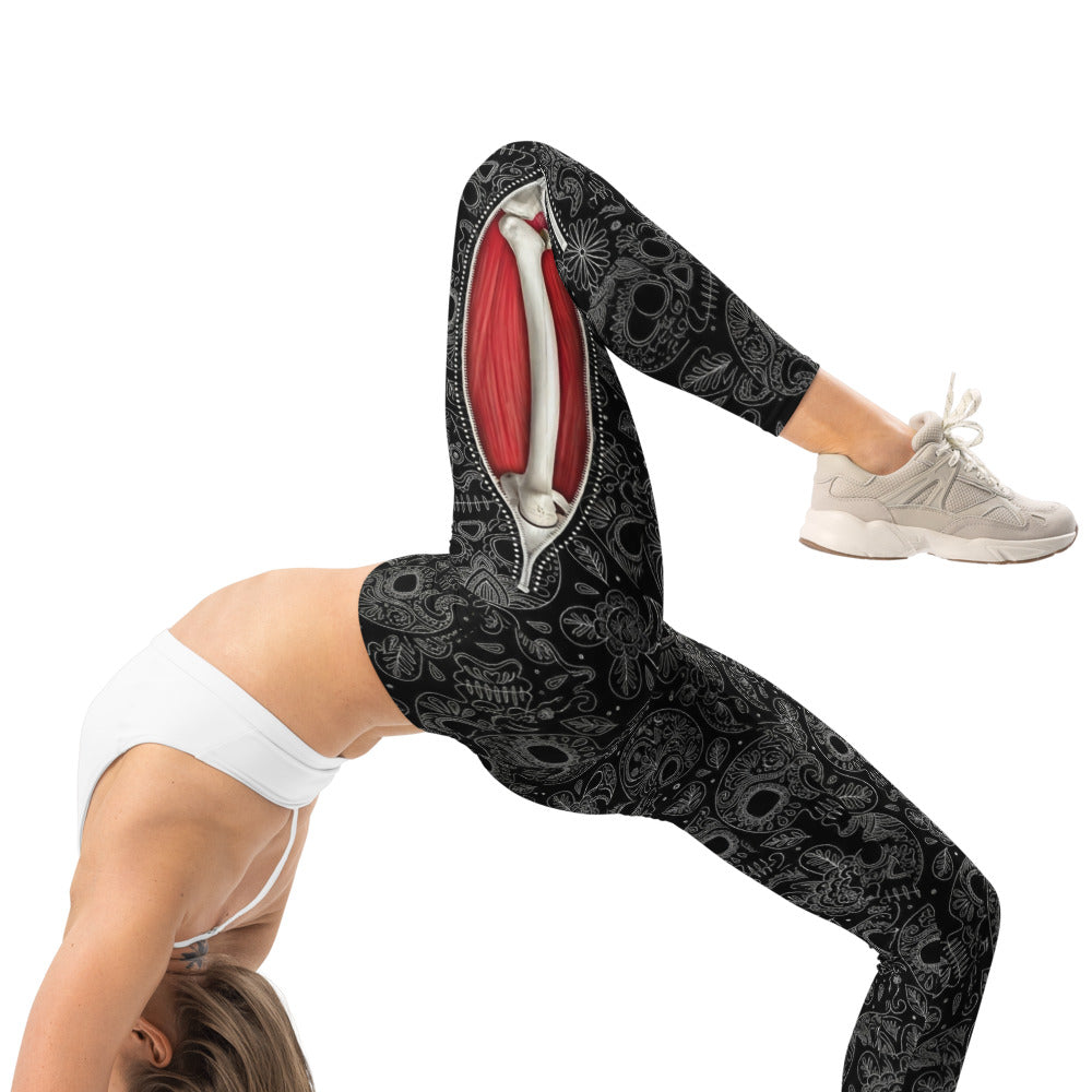 Personalisierte Damen Sportleggings Totenkopf Sugar Skull Design Schwarz Weiß Rot Fitness Yoga Leggings B181