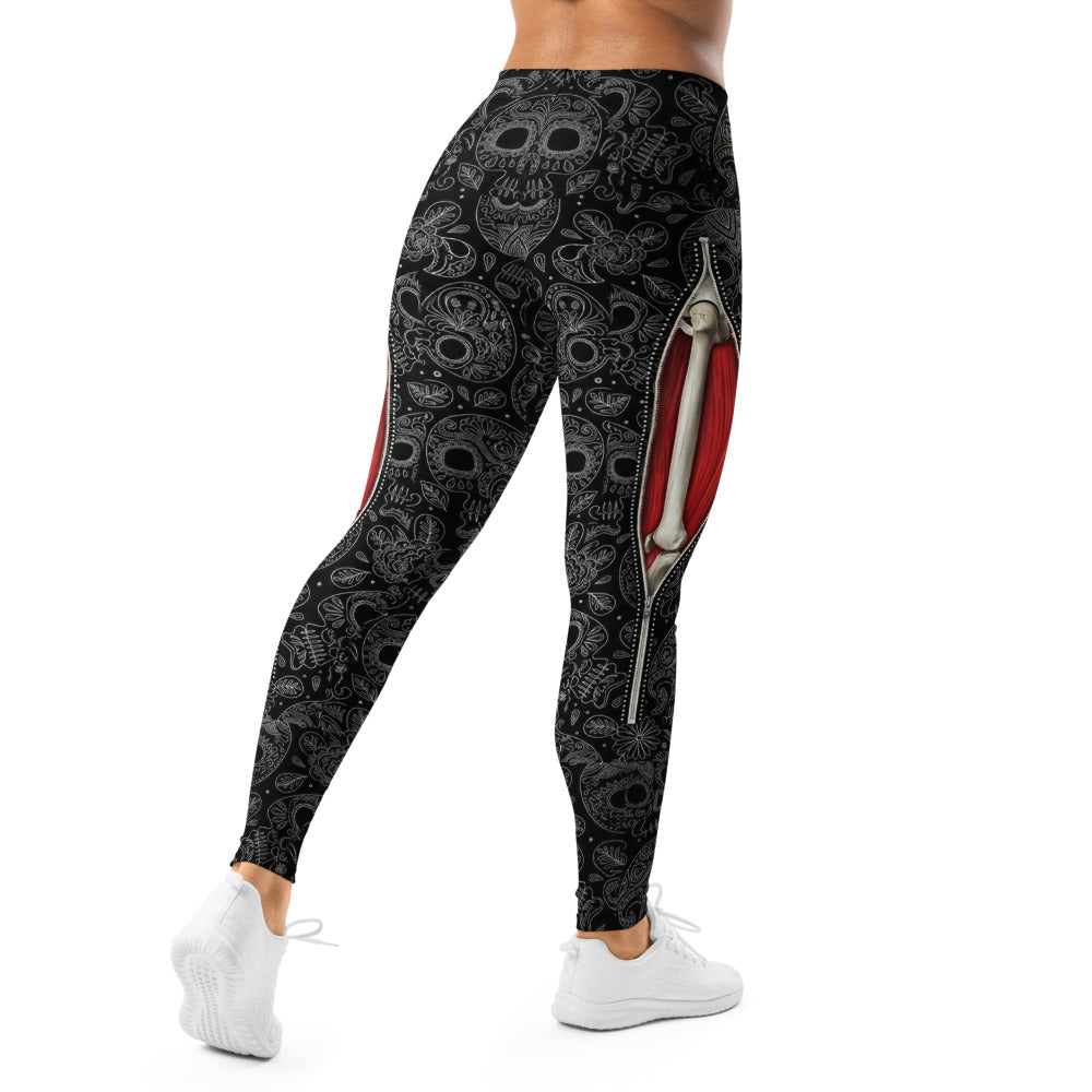 Personalisierte Damen Sportleggings Totenkopf Sugar Skull Design Schwarz Weiß Rot Fitness Yoga Leggings B181