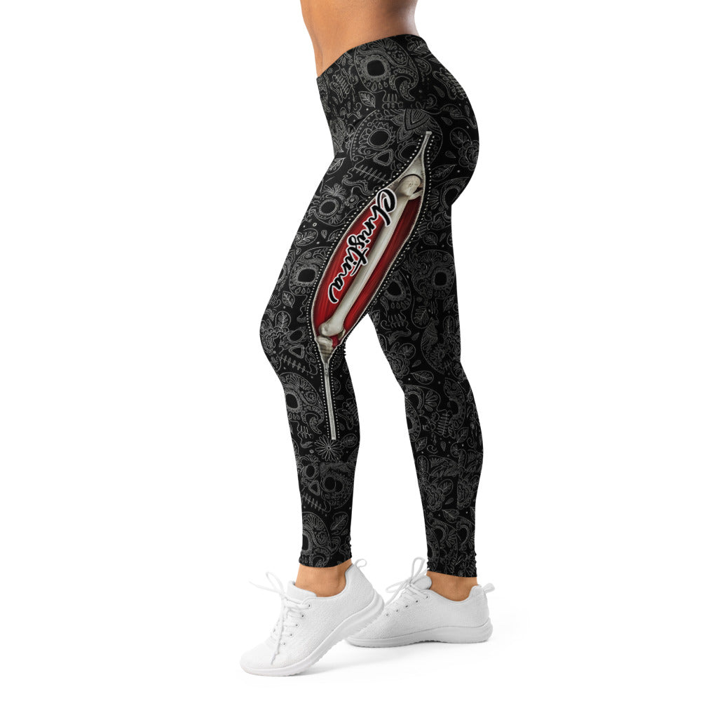Personalisierte Damen Sportleggings Totenkopf Sugar Skull Design Schwarz Weiß Rot Fitness Yoga Leggings B181