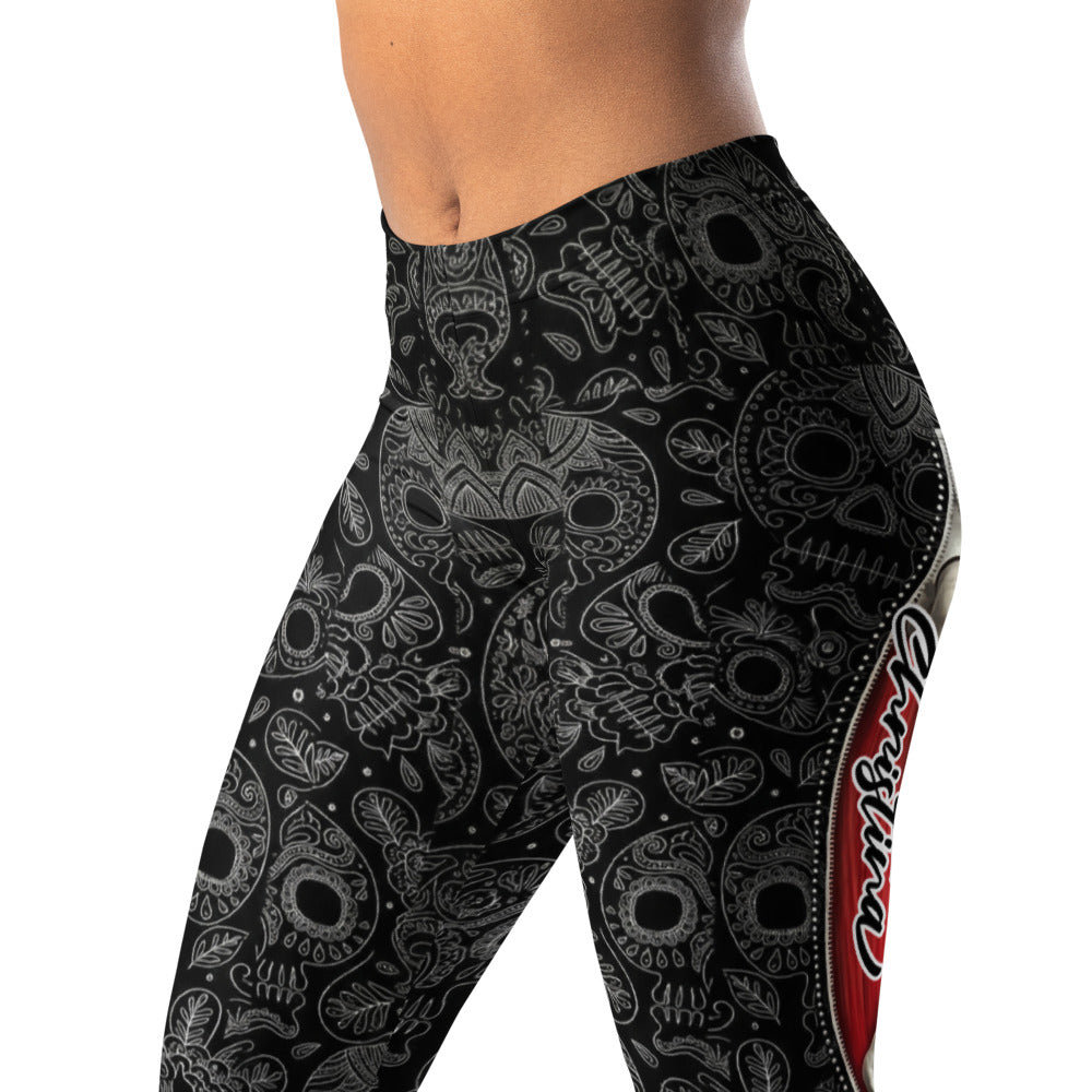 Personalisierte Damen Sportleggings Totenkopf Sugar Skull Design Schwarz Weiß Rot Fitness Yoga Leggings B181