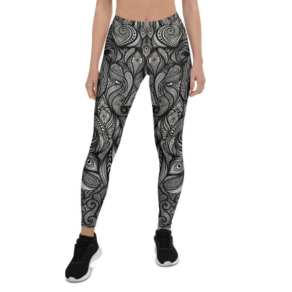 Personalisierte Damen Sportleggings Schwarz Weiß Paisley Ornament Muster Fitness Yoga Leggings J041
