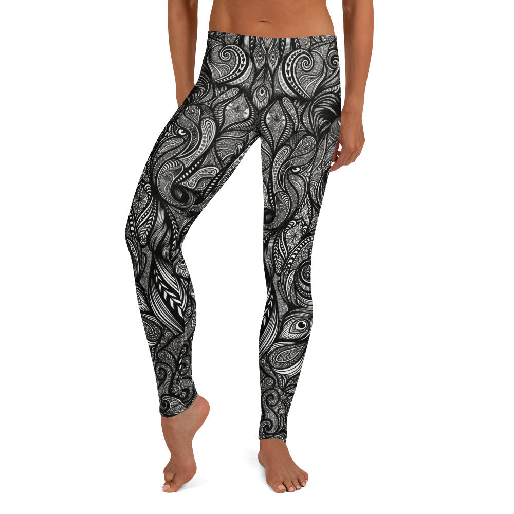 Personalisierte Damen Sportleggings Schwarz Weiß Paisley Ornament Muster Fitness Yoga Leggings J041