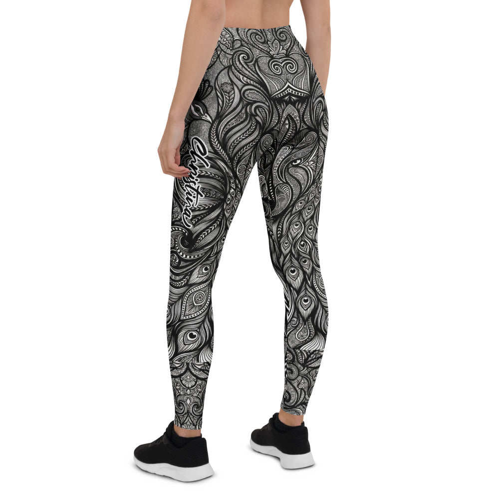 Personalisierte Damen Sportleggings Schwarz Weiß Paisley Ornament Muster Fitness Yoga Leggings J041