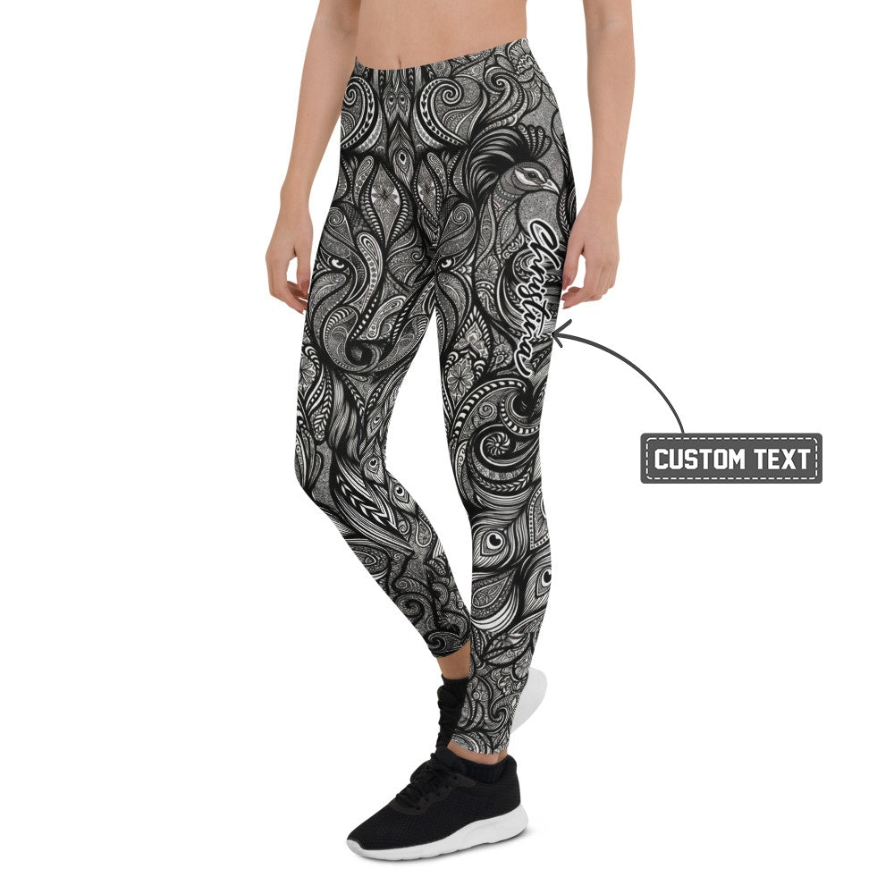 Personalisierte Damen Sportleggings Schwarz Weiß Paisley Ornament Muster Fitness Yoga Leggings J041 - XL