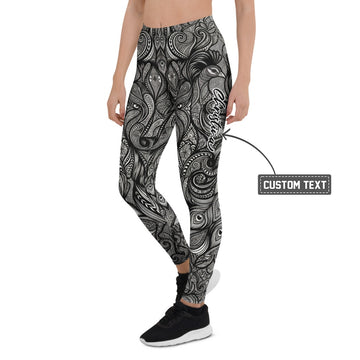 Personalisierte Damen Sportleggings Schwarz Weiß Paisley Ornament Muster Fitness Yoga Leggings J041 - XL