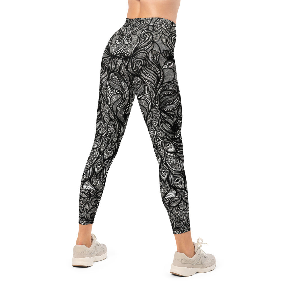 Personalisierte Damen Sportleggings Schwarz Weiß Paisley Ornament Muster Fitness Yoga Leggings J041