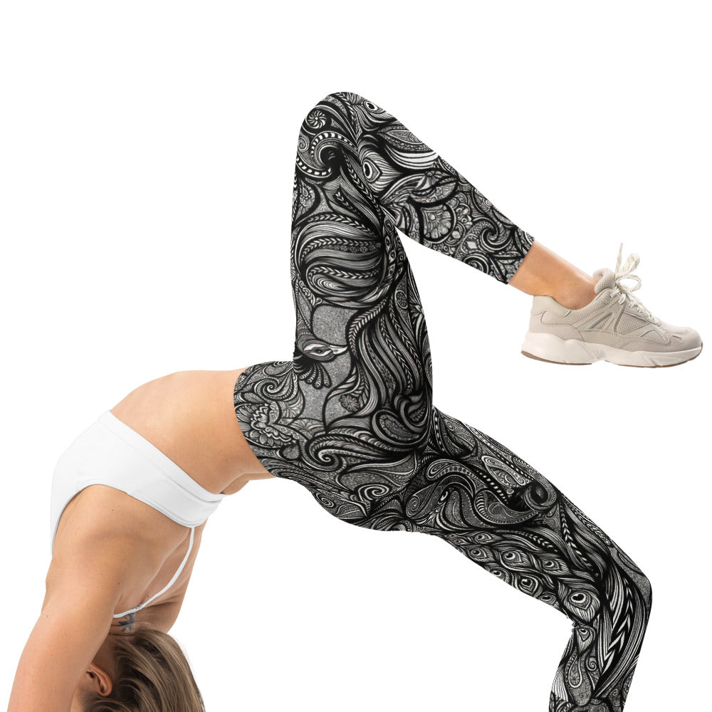 Personalisierte Damen Sportleggings Schwarz Weiß Paisley Ornament Muster Fitness Yoga Leggings J041
