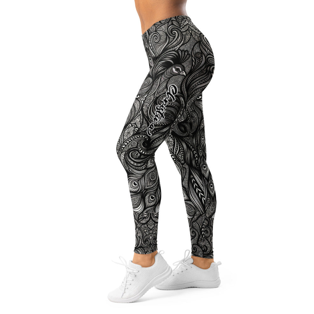 Personalisierte Damen Sportleggings Schwarz Weiß Paisley Ornament Muster Fitness Yoga Leggings J041