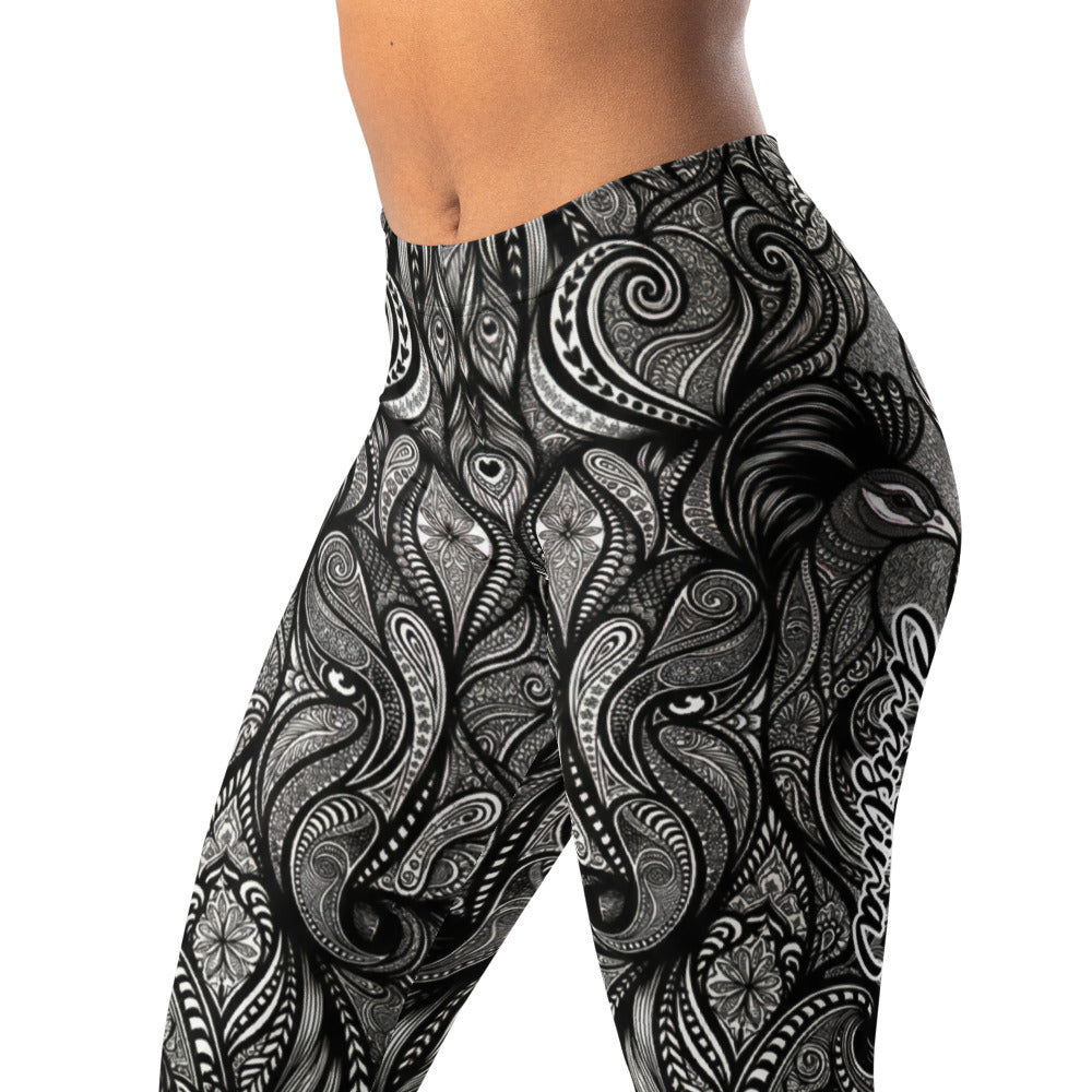 Personalisierte Damen Sportleggings Schwarz Weiß Paisley Ornament Muster Fitness Yoga Leggings J041