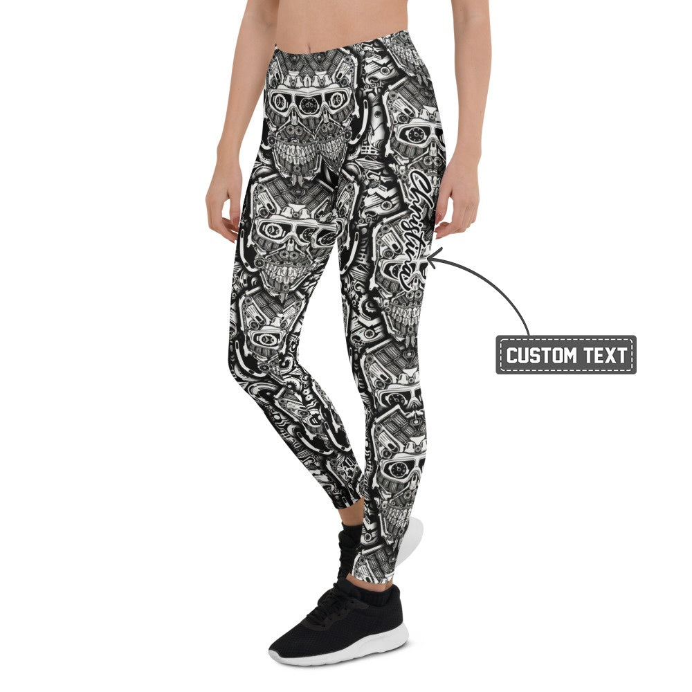 Personalisierte Sportleggings Damen Totenkopf Design Schwarz Weiß Fitness Leggings Yoga Hose T718 - XL