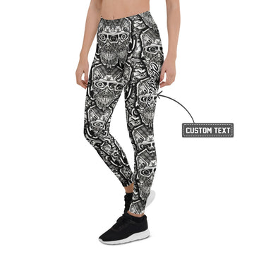 Personalisierte Sportleggings Damen Totenkopf Design Schwarz Weiß Fitness Leggings Yoga Hose T718 - XL