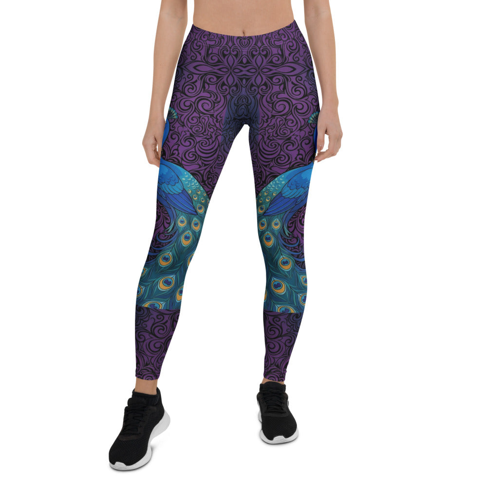 Personalisierte Damen Sportleggings Pfau Design Lila Blau Fitness Yoga Leggings Ornament Muster N582