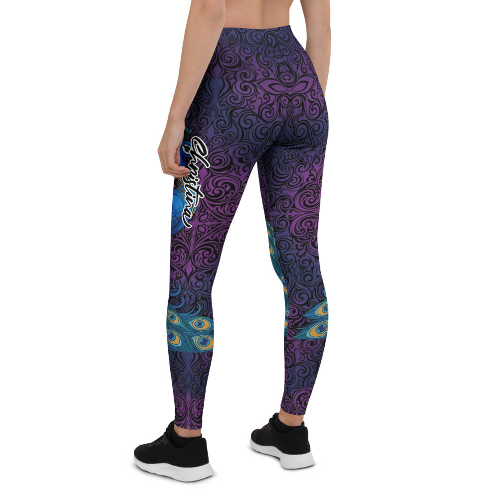 Personalisierte Damen Sportleggings Pfau Design Lila Blau Fitness Yoga Leggings Ornament Muster N582