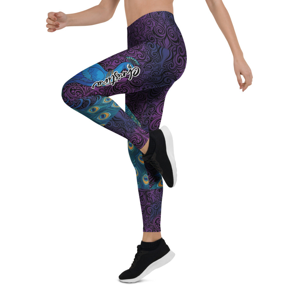 Personalisierte Damen Sportleggings Pfau Design Lila Blau Fitness Yoga Leggings Ornament Muster N582