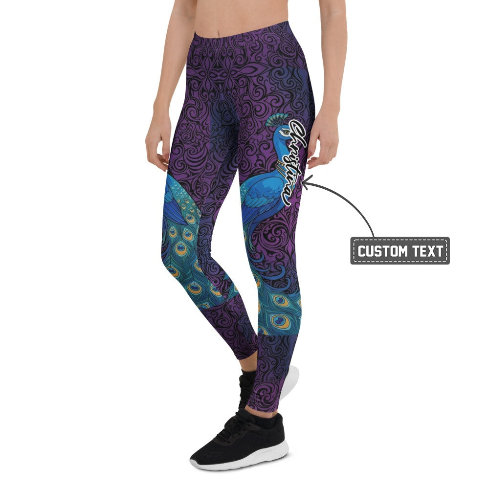 Personalisierte Damen Sportleggings Pfau Design Lila Blau Fitness Yoga Leggings Ornament Muster N582 - XL