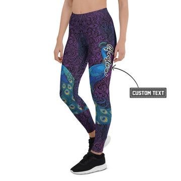 Personalisierte Damen Sportleggings Pfau Design Lila Blau Fitness Yoga Leggings Ornament Muster N582 - XL
