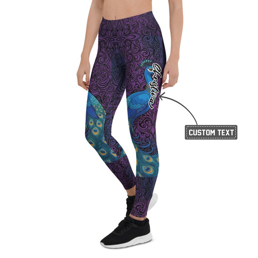 Personalisierte Damen Sportleggings Pfau Design Lila Blau Fitness Yoga Leggings Ornament Muster N582 - XL