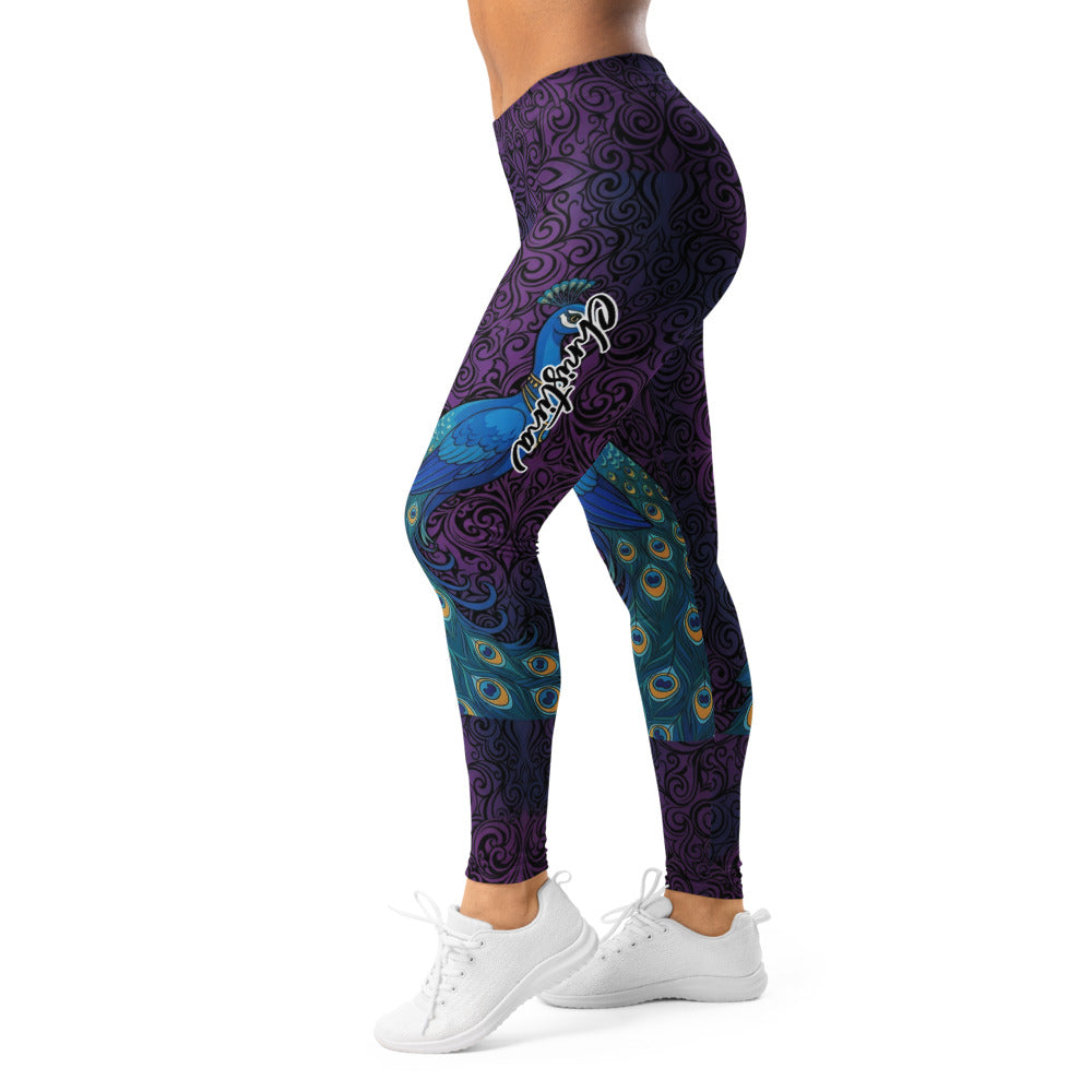 Personalisierte Damen Sportleggings Pfau Design Lila Blau Fitness Yoga Leggings Ornament Muster N582