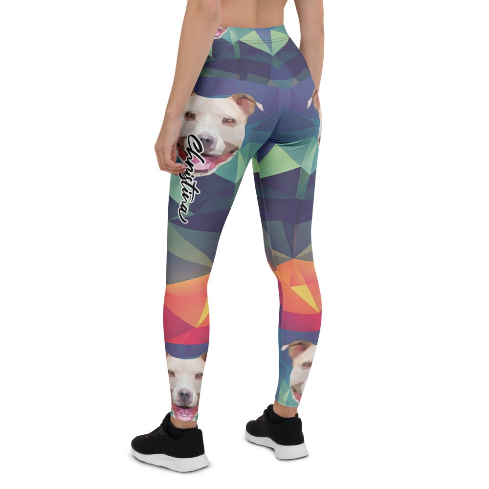 Personalisierte Damen Sportleggings Geometrisches Muster Mehrfarbig Fitness Yoga Leggings mit Hundemotiv R925