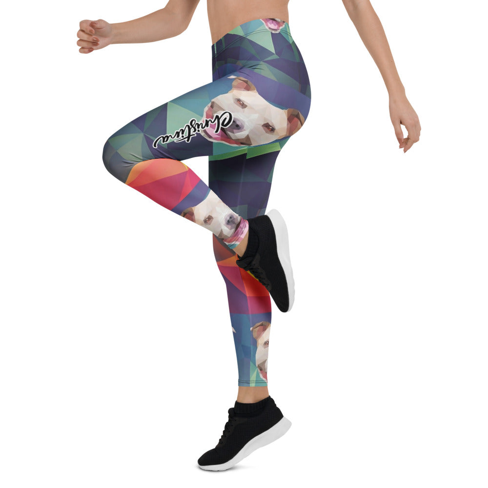 Personalisierte Damen Sportleggings Geometrisches Muster Mehrfarbig Fitness Yoga Leggings mit Hundemotiv R925