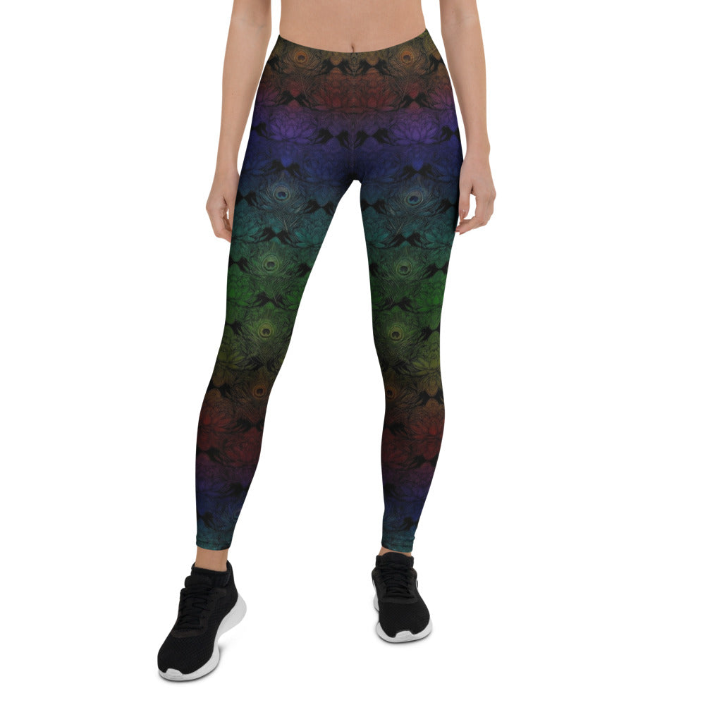 Personalisierte Sportleggings Damen Pfauenfedern Design Regenbogenfarben Fitness Yoga Leggings G292