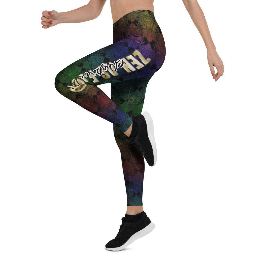 Personalisierte Sportleggings Damen Pfauenfedern Design Regenbogenfarben Fitness Yoga Leggings G292