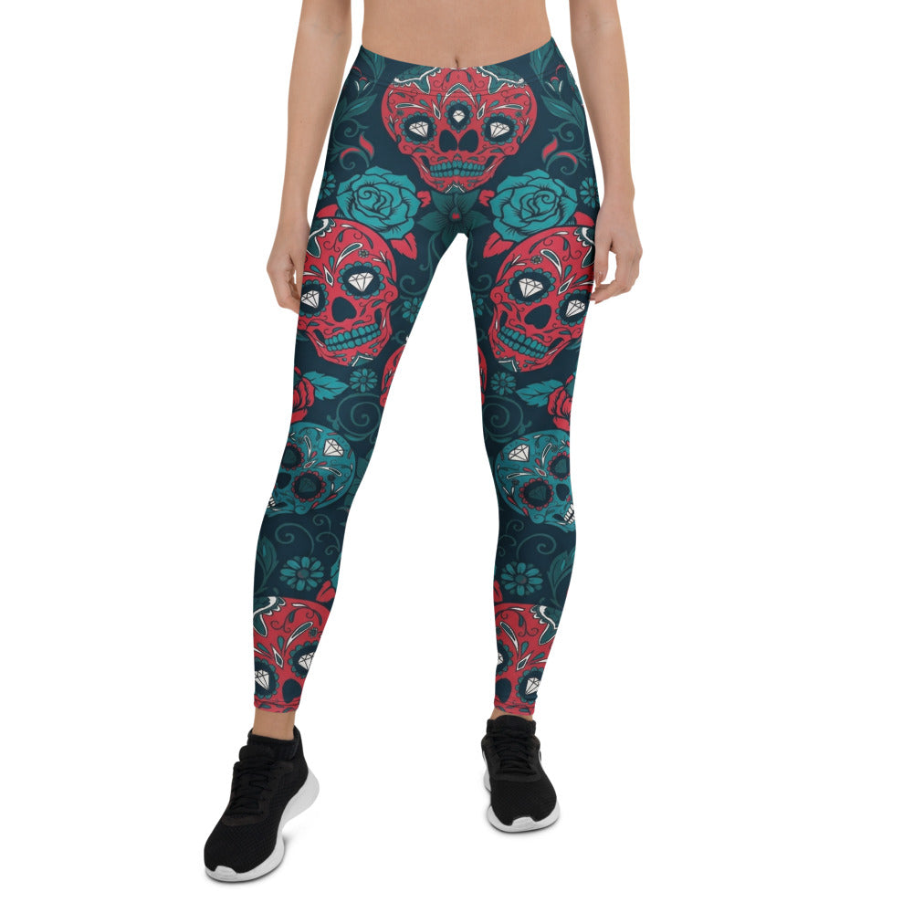 Personalisierte Damen Sportleggings Totenkopf Sugar Skull Design Rot Dunkelblau Fitness Leggings Yoga Hose B971