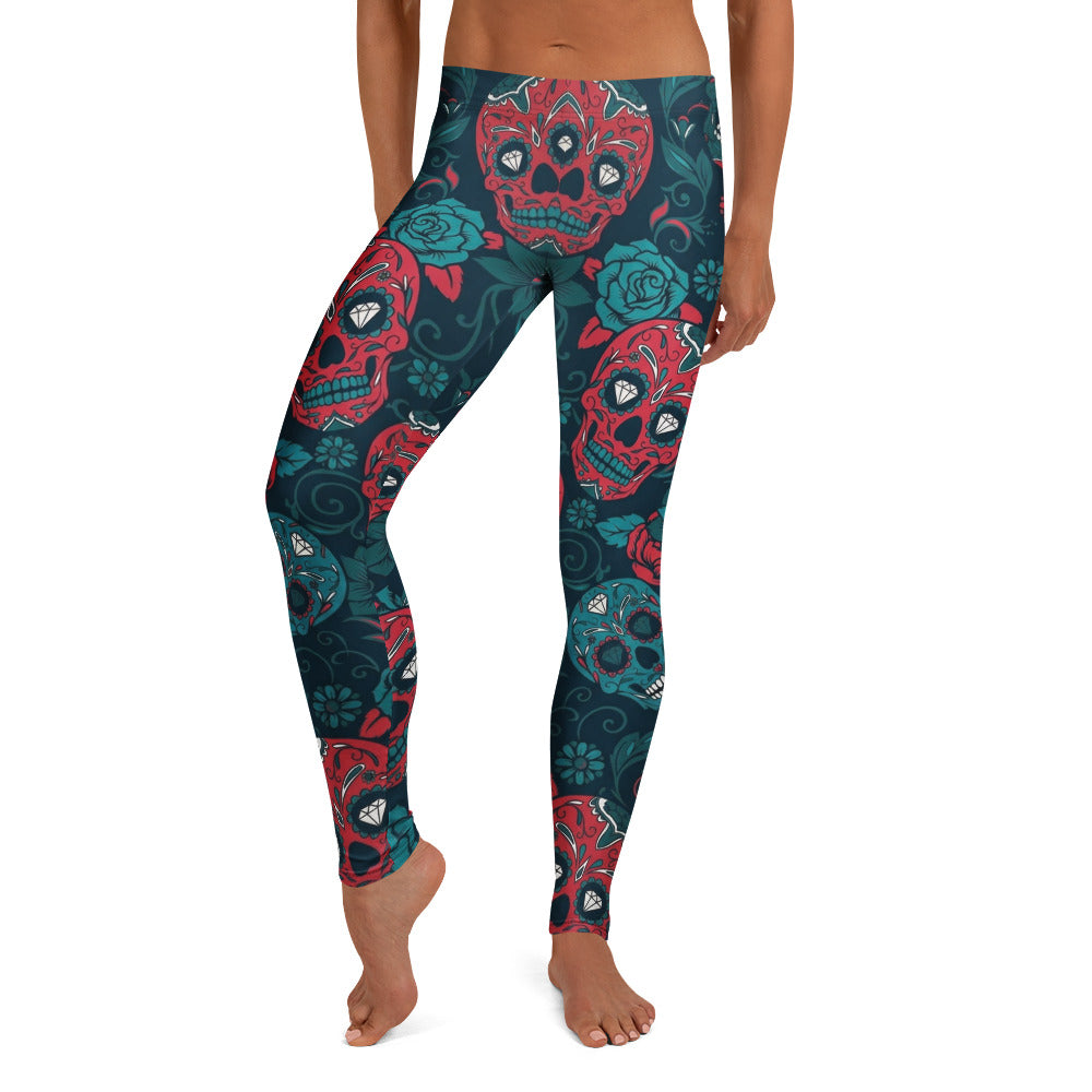 Personalisierte Damen Sportleggings Totenkopf Sugar Skull Design Rot Dunkelblau Fitness Leggings Yoga Hose B971