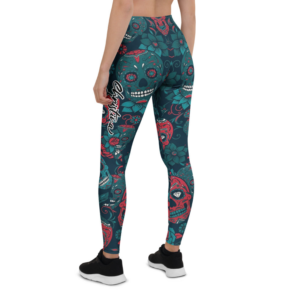 Personalisierte Damen Sportleggings Totenkopf Sugar Skull Design Rot Dunkelblau Fitness Leggings Yoga Hose B971
