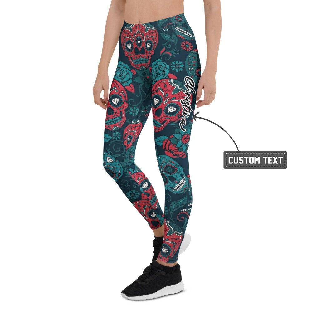 Personalisierte Damen Sportleggings Totenkopf Sugar Skull Design Rot Dunkelblau Fitness Leggings Yoga Hose B971 - XL