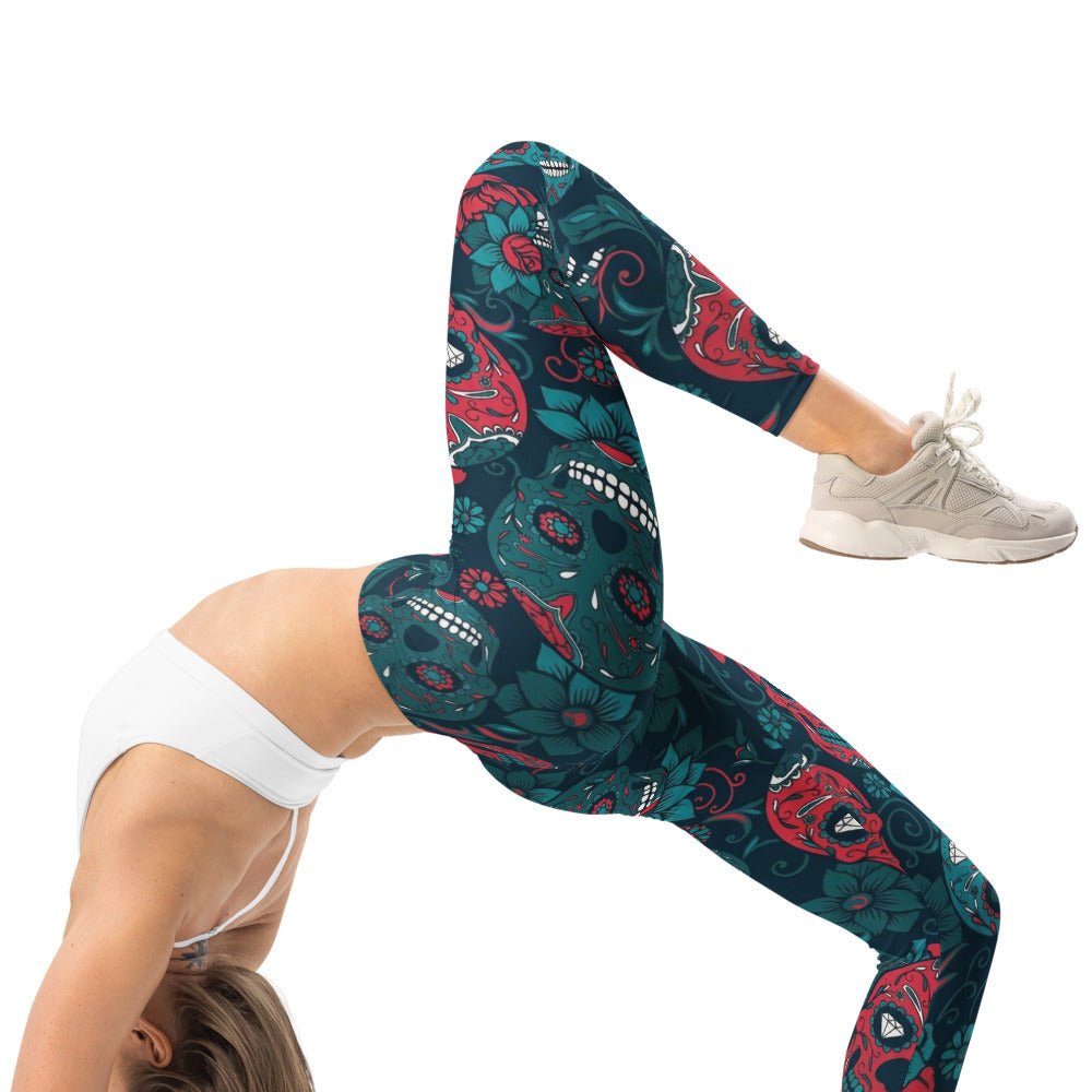 Personalisierte Damen Sportleggings Totenkopf Sugar Skull Design Rot Dunkelblau Fitness Leggings Yoga Hose B971