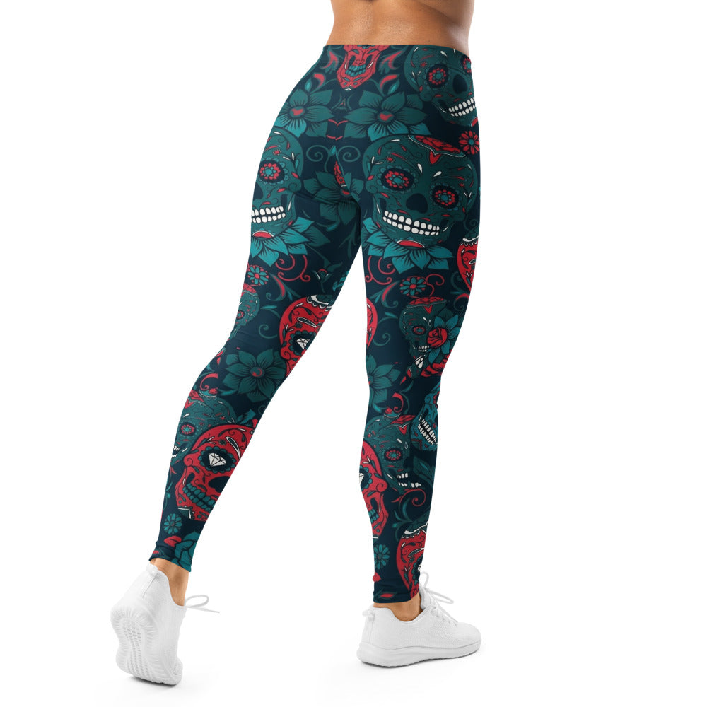 Personalisierte Damen Sportleggings Totenkopf Sugar Skull Design Rot Dunkelblau Fitness Leggings Yoga Hose B971
