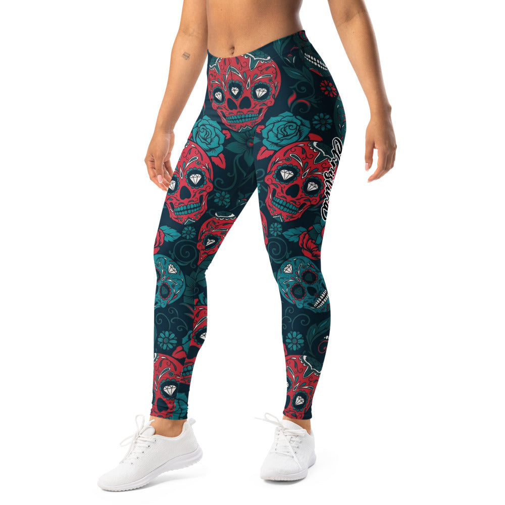 Personalisierte Damen Sportleggings Totenkopf Sugar Skull Design Rot Dunkelblau Fitness Leggings Yoga Hose B971