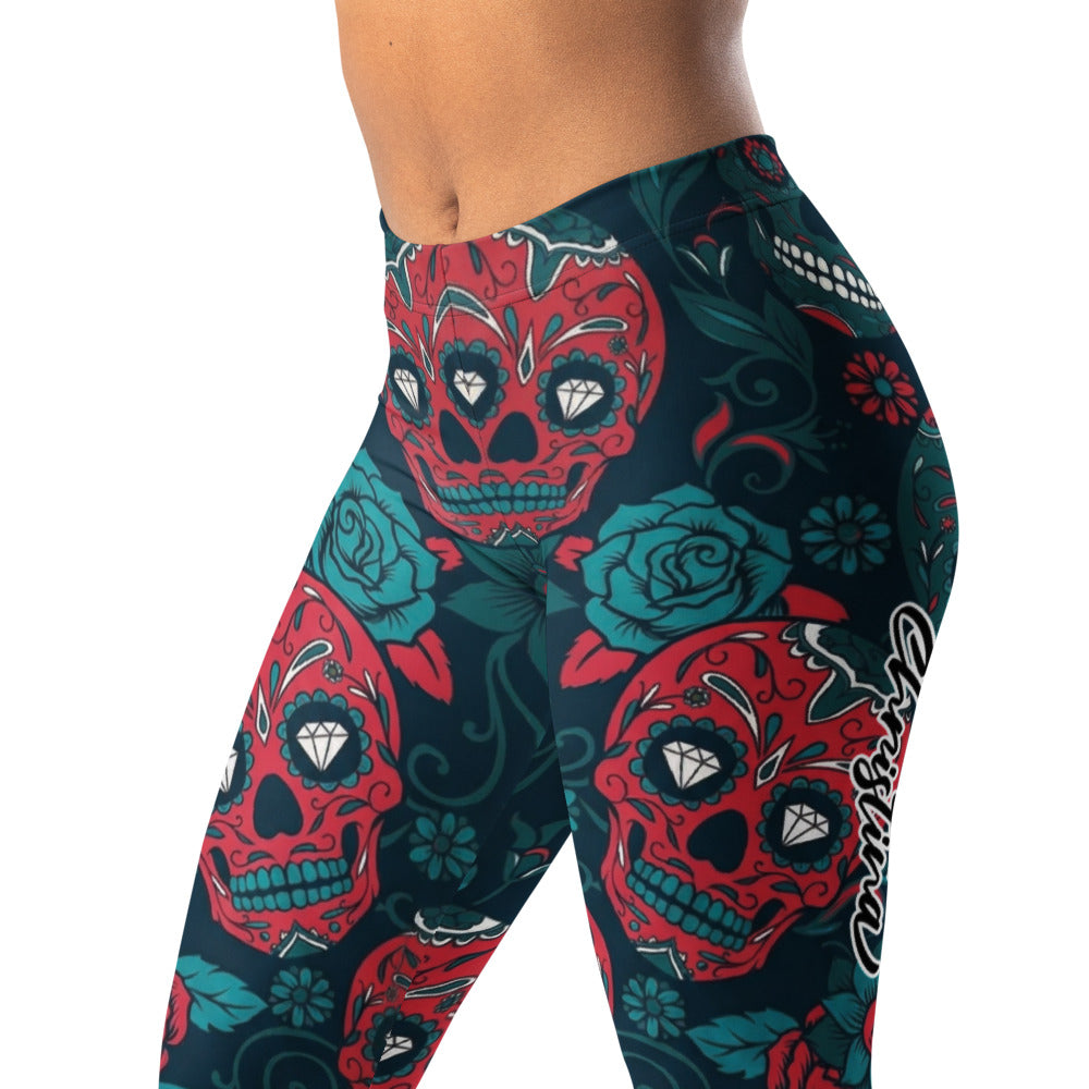 Personalisierte Damen Sportleggings Totenkopf Sugar Skull Design Rot Dunkelblau Fitness Leggings Yoga Hose B971