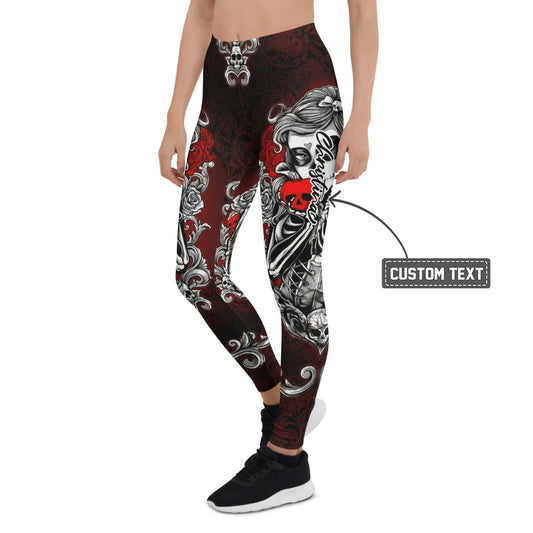 Personalisierte Sportleggings Damen Totenkopf & Rosen Gothic Design Schwarz Rot Fitness Yoga Leggings P770 - XL
