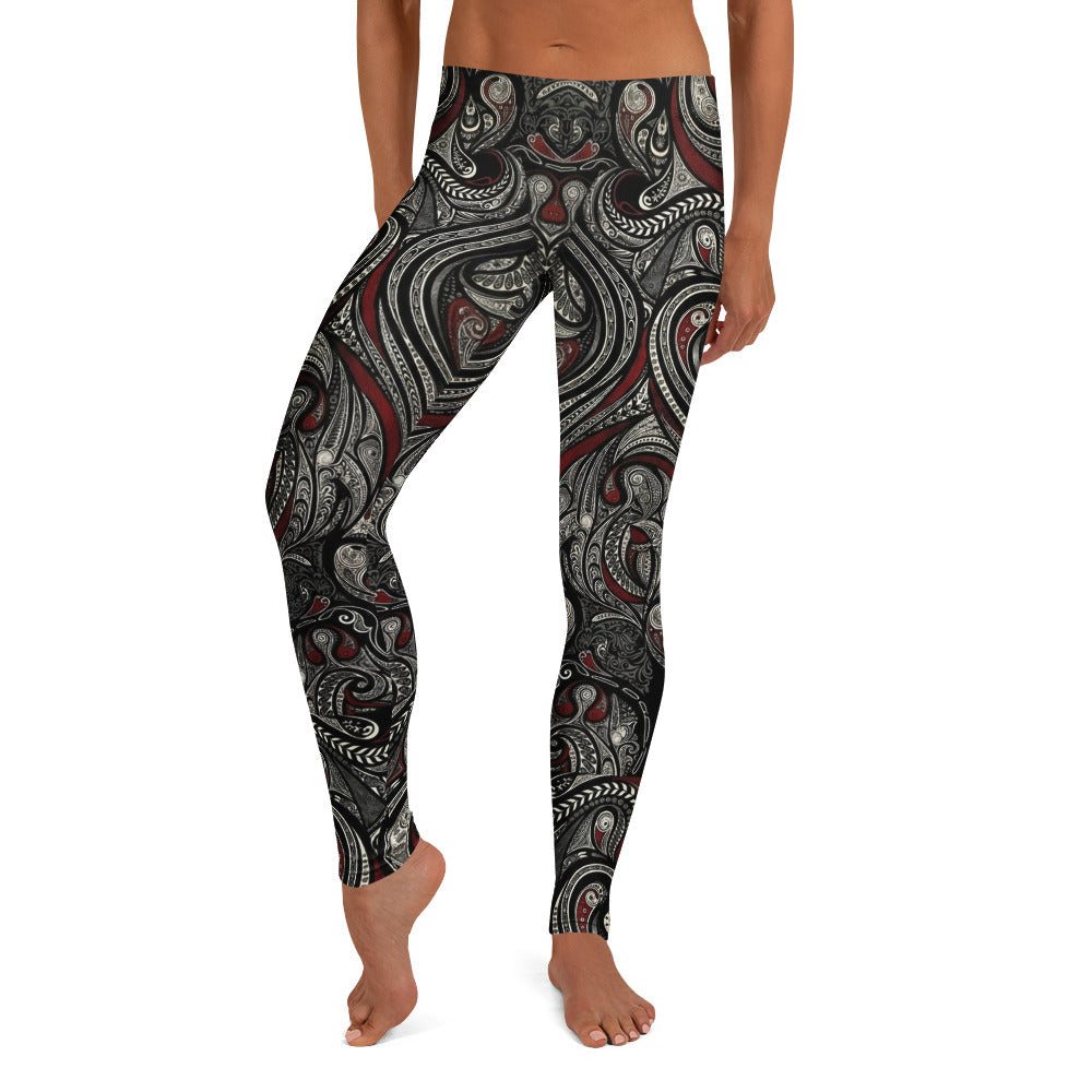 Personalisierte Damen Sportleggings mit Ornament Muster Schwarz Rot Fitness Leggings O793