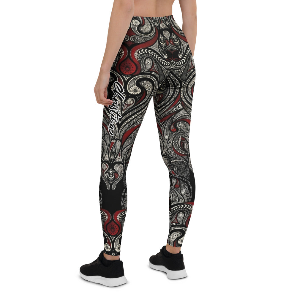 Personalisierte Damen Sportleggings mit Ornament Muster Schwarz Rot Fitness Leggings O793