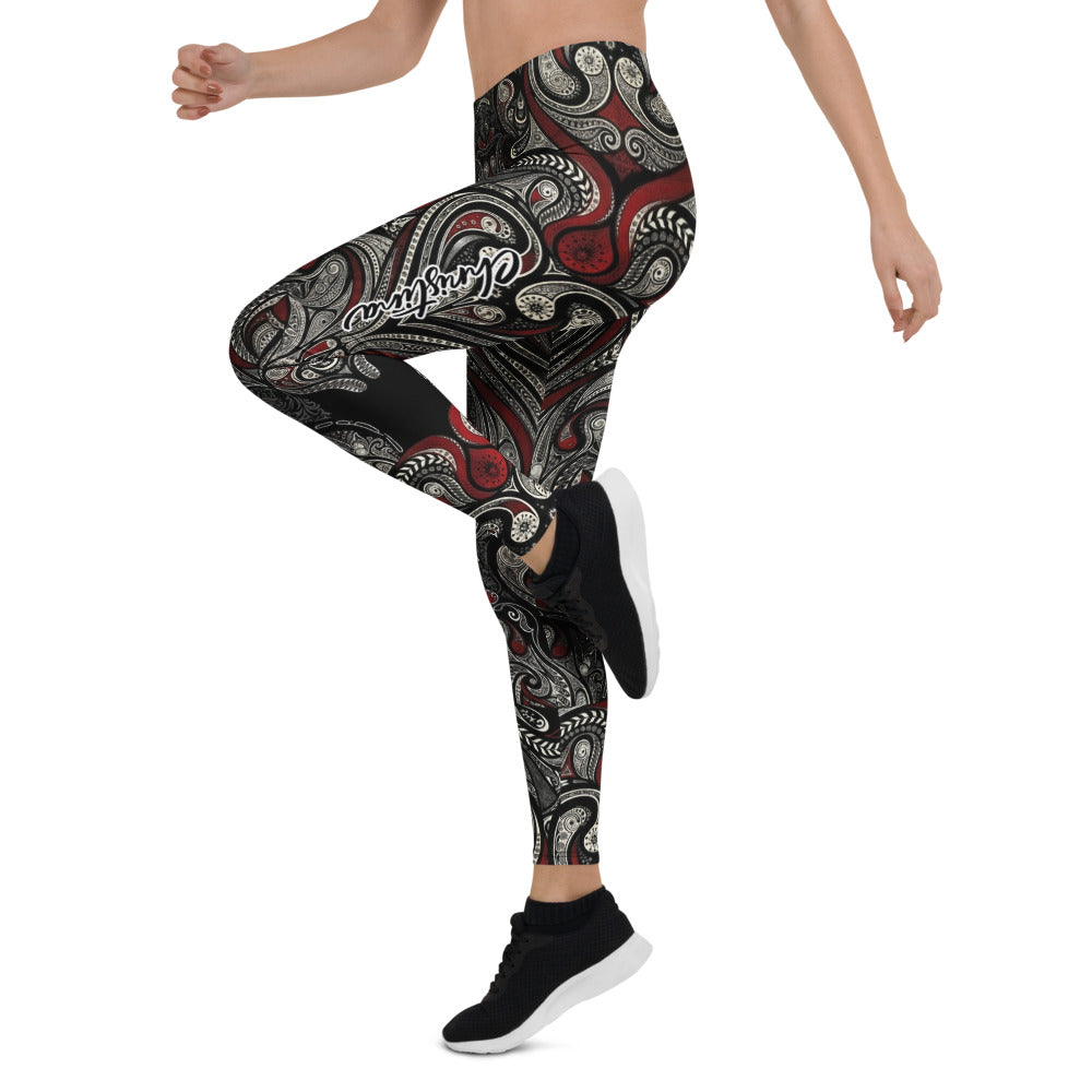 Personalisierte Damen Sportleggings mit Ornament Muster Schwarz Rot Fitness Leggings O793