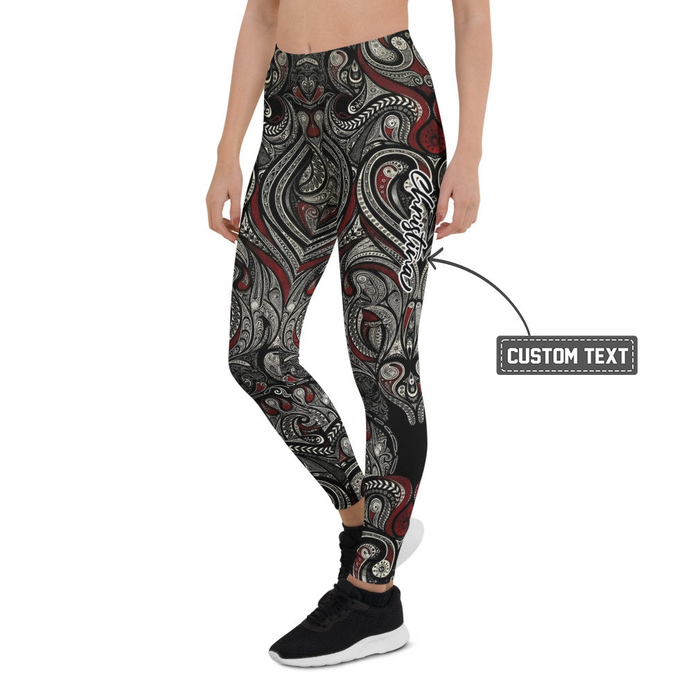 Personalisierte Damen Sportleggings mit Ornament Muster Schwarz Rot Fitness Leggings O793 - XL