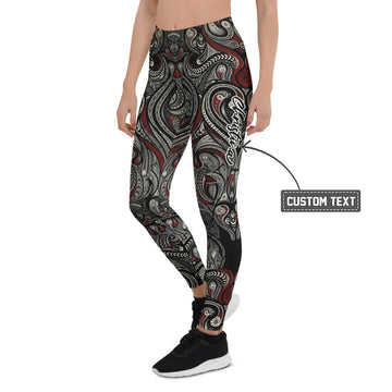 Personalisierte Damen Sportleggings mit Ornament Muster Schwarz Rot Fitness Leggings O793 - XL