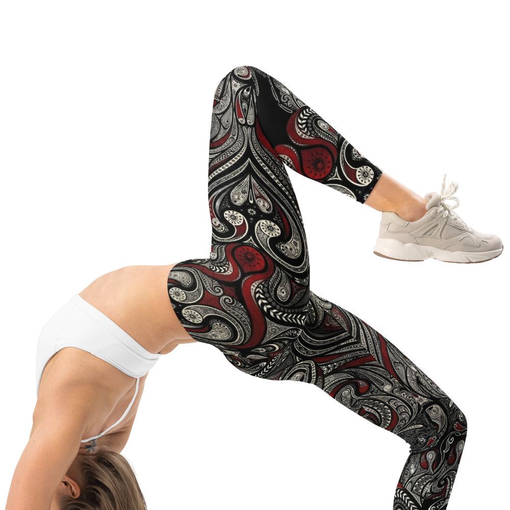 Personalisierte Damen Sportleggings mit Ornament Muster Schwarz Rot Fitness Leggings O793