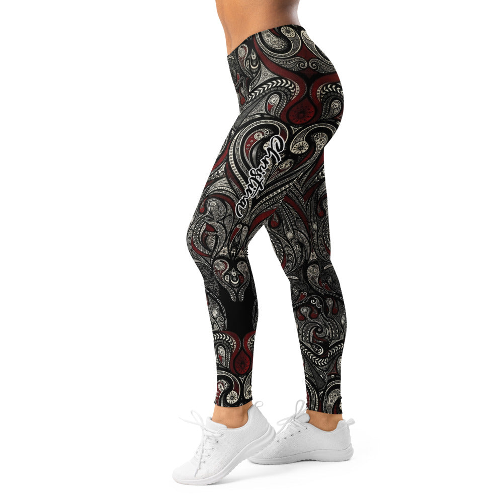 Personalisierte Damen Sportleggings mit Ornament Muster Schwarz Rot Fitness Leggings O793