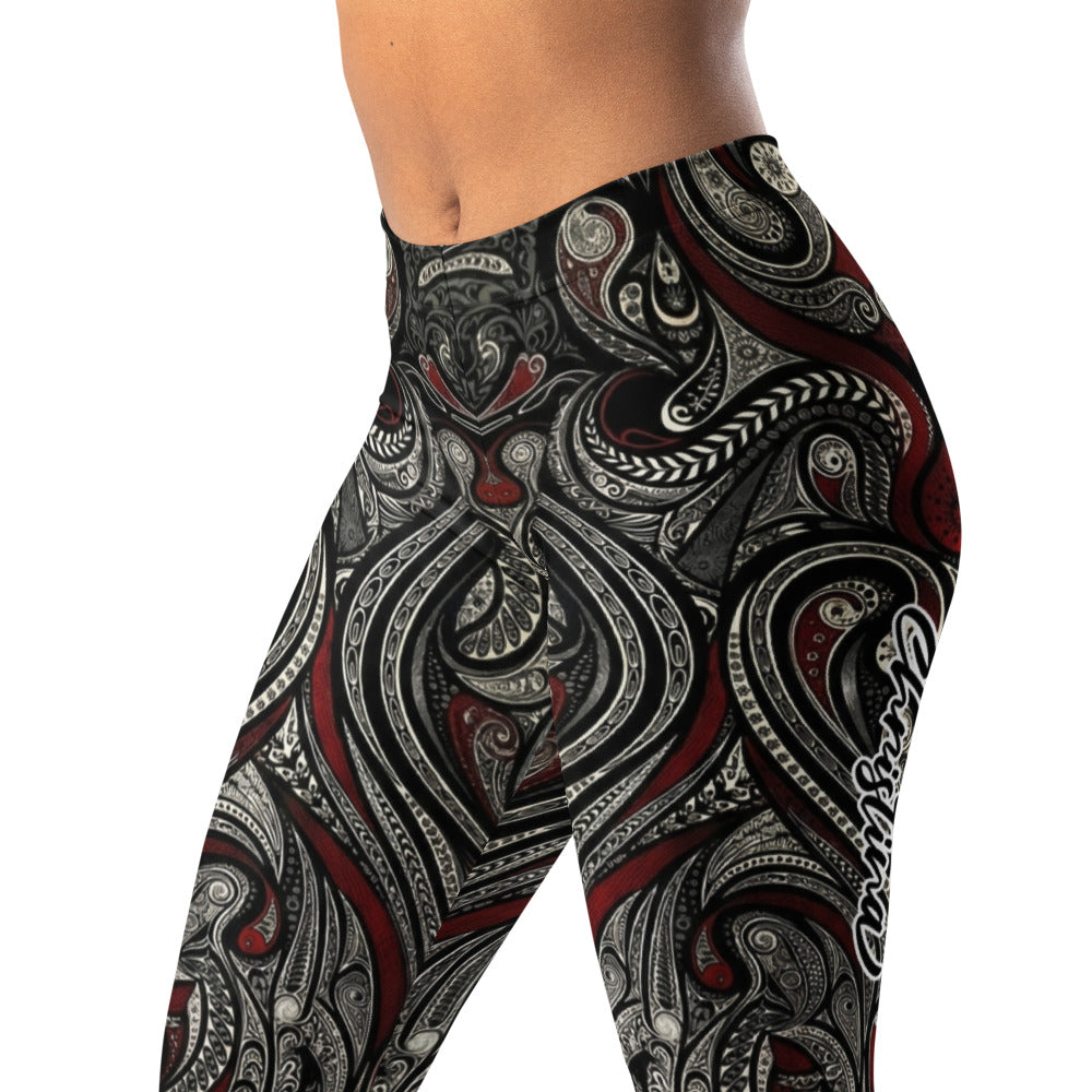 Personalisierte Damen Sportleggings mit Ornament Muster Schwarz Rot Fitness Leggings O793