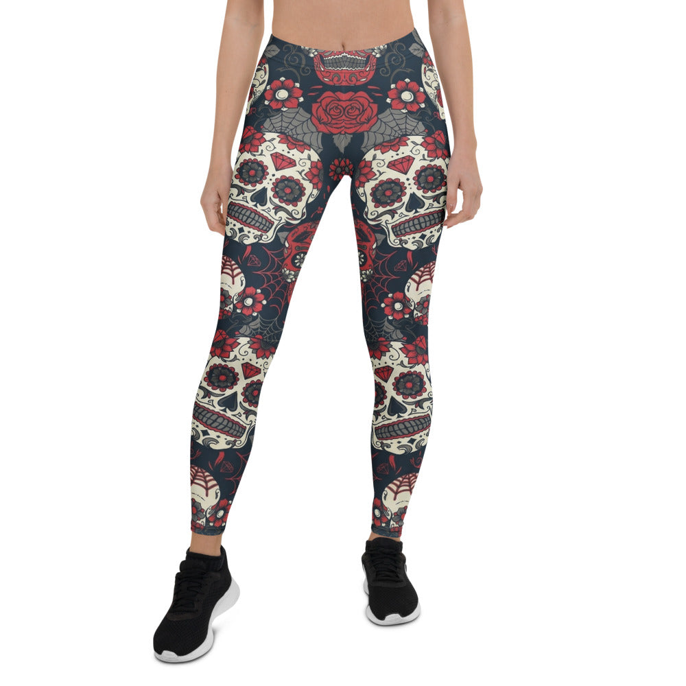 Personalisierte Damen Sportleggings Sugar Skull Design Totenkopf Rosen Muster Schwarz Rot Fitness Yoga Leggings U953