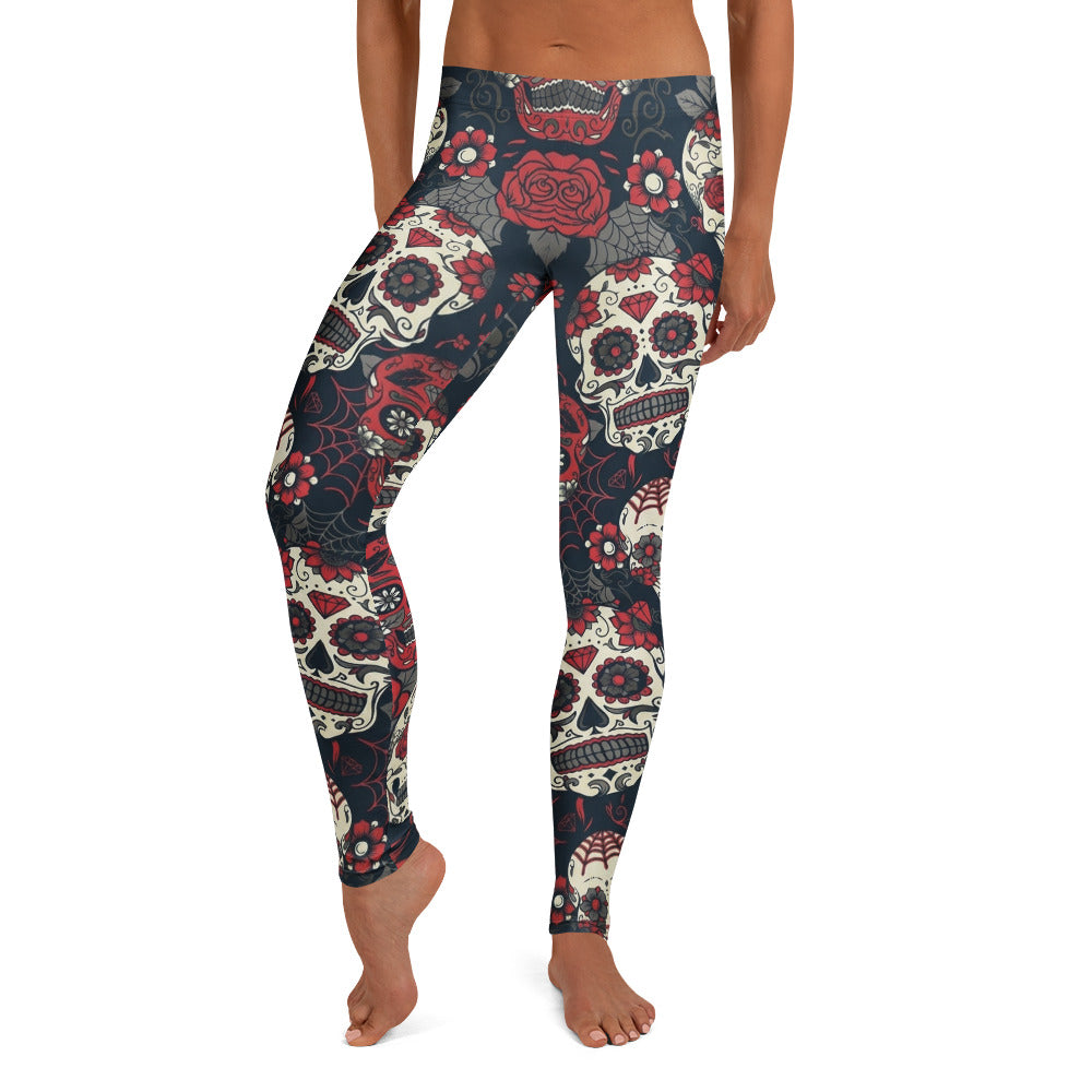 Personalisierte Damen Sportleggings Sugar Skull Design Totenkopf Rosen Muster Schwarz Rot Fitness Yoga Leggings U953