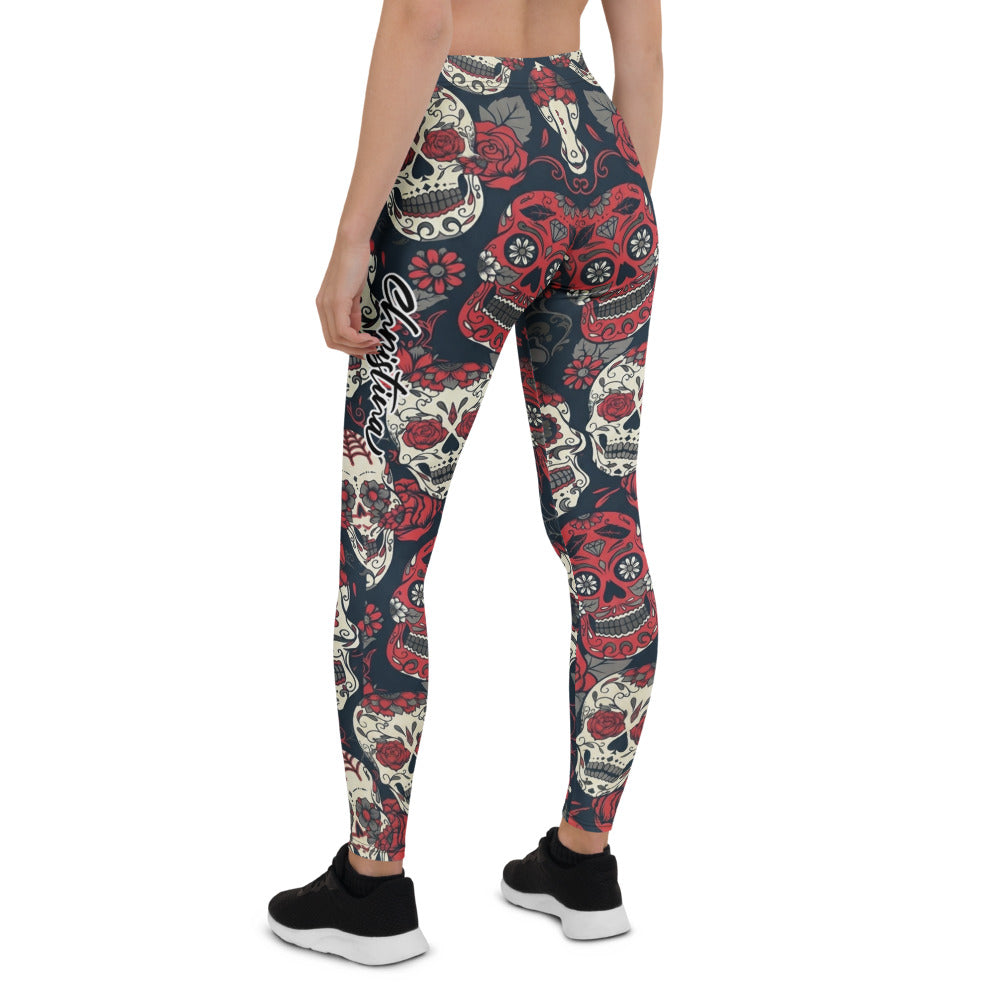 Personalisierte Damen Sportleggings Sugar Skull Design Totenkopf Rosen Muster Schwarz Rot Fitness Yoga Leggings U953